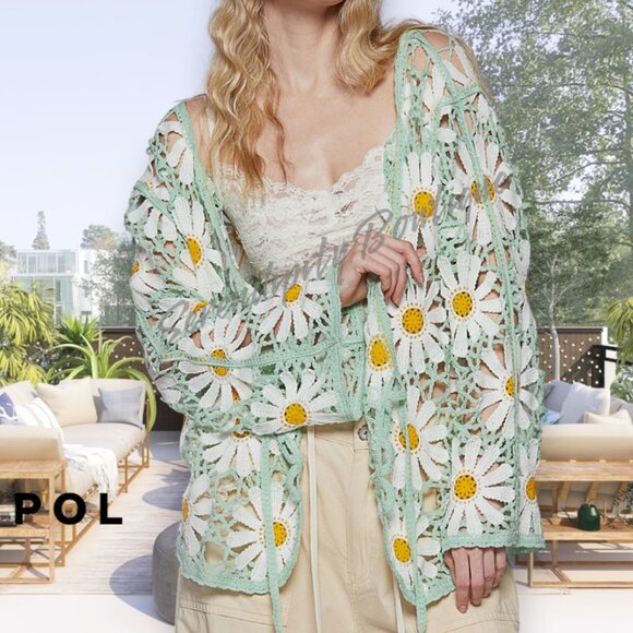 POL Mint Daisies Large Pattern Crochet Cut Out Open Front Shacket Cardigan Top - Picture 4 of 9